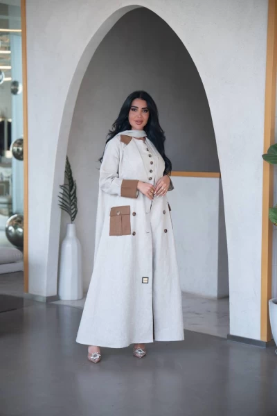Beige linen blazer abaya with brown details C:IB322
