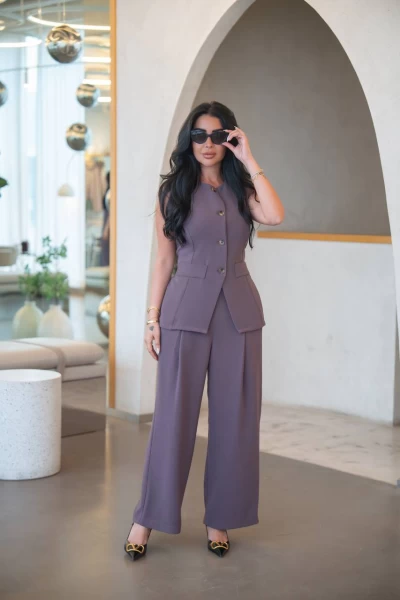 Vest with pants in crepe fabric, coffee color, C:IB1090 Coffee