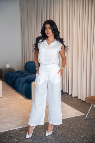طقم بلوزة مع بنطلون باللون الابيض ، بخام لينن الطبيعي  C:IB1095 White