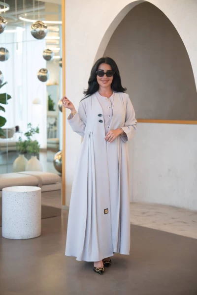 Beige crepe abaya with pleats C:IB324 Beige