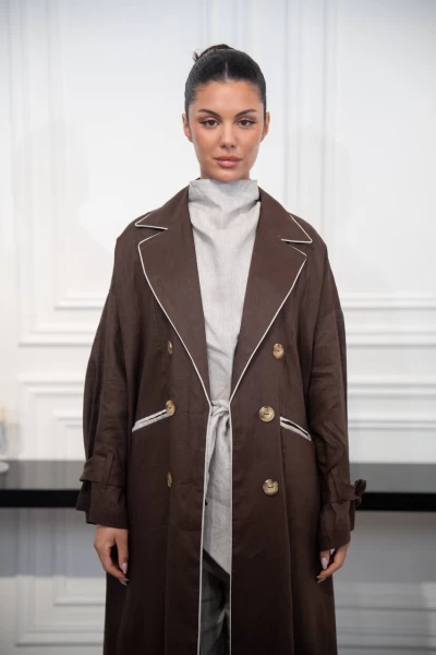 Brown Linen Blazer Abaya C:IB327 Brown
