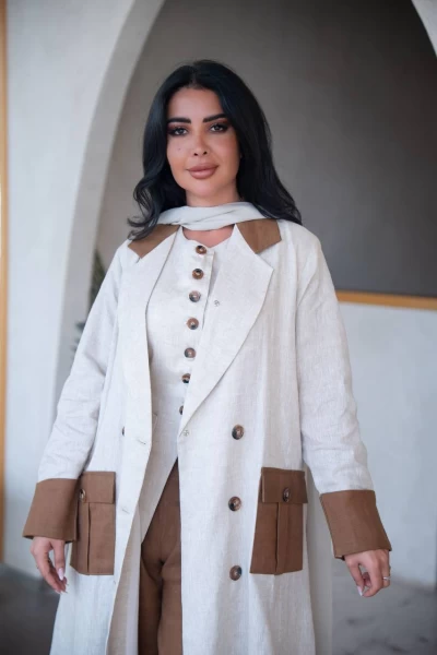 Beige linen blazer abaya with brown details C:IB322