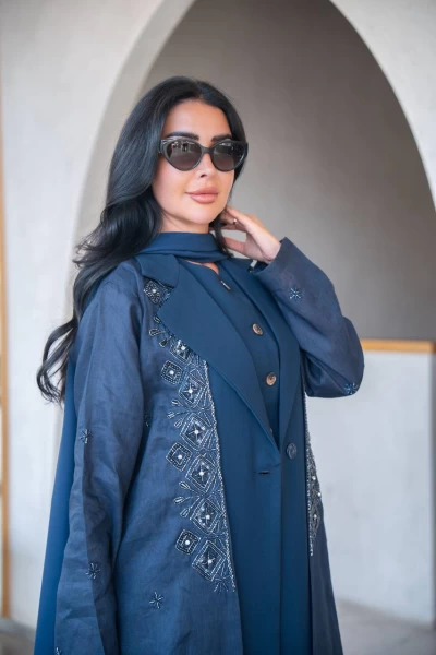 Navy blue linen blazer abaya with crepe and hand embroidery C:IB323 Navy